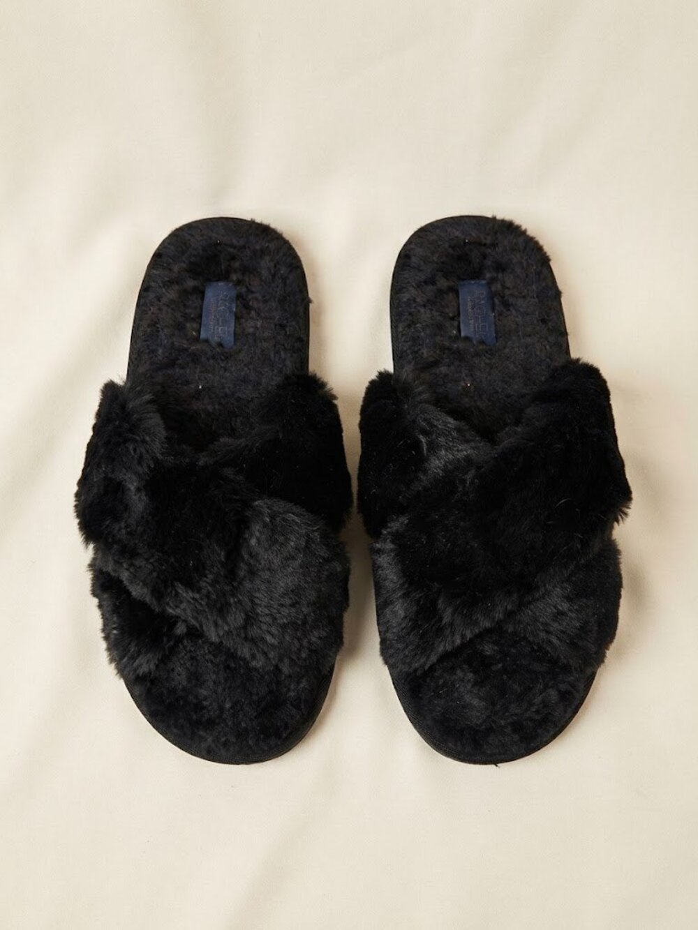 Rachel Rachel Roy Black Faux Fur Cross Strap Cozy Slippers Sz 9-10